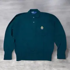 POLO ラルフローレン エンブレムロゴ刺繍 襟付きニットセーター S 緑
