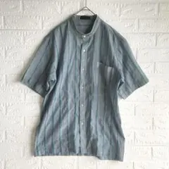 ストライプ バンドカラーシャツ 半袖 メンズM〜L