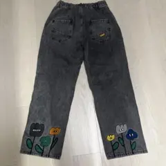 花柄刺繍 グレー デニム ワイドパンツ