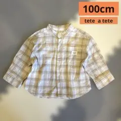 【美品】データテート✴︎7分袖バンドカラーシャツ✴︎100cm✴︎チェック柄✴︎ベージュ