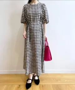 チドリ柄プリントフィット＆フレアワンピース/バルーンスリーブ