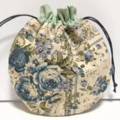 生成ブルーとオールドローズ まんまる 巾着　ハンドメイド