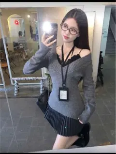 SHEINグレー Vネック 長袖ニット