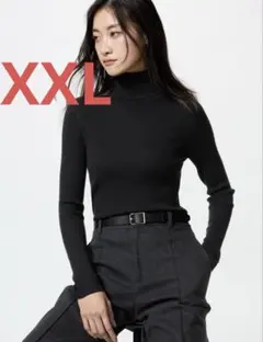 【ユニクロ UNIQLO】 メリノリブタートルネックセーター ブラック XXL