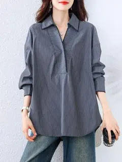 折り衿 大きいサイズ ブラウス Vネック ストライプ おしゃれ＆カジュアル