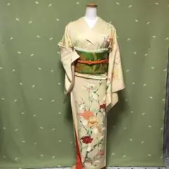 アンティーク黄緑の着物と帯セット アンティーク黄緑の着物と帯セット