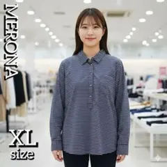 MERONA レディース長袖シャツ ボーダー柄 紺色 XLサイズ コットン