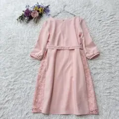良品＊フェルゥ　七分袖ひざ丈ワンピース　レース　ビジュー付きベルト　薄ピンク　2