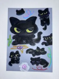 黒猫さん ピンク】ハガキサイズ 額無し☆ 絵画 イラスト 猫イラスト 猫