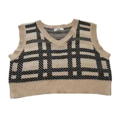 WEGO ウィゴー　チェック柄ショート丈ニットベスト　ベージュ　ブラック　F