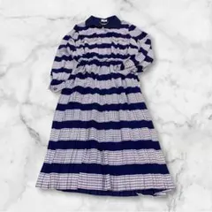 M740☆昭和レトロ　ネイビーとホワイトのストライプ長袖シャツワンピース