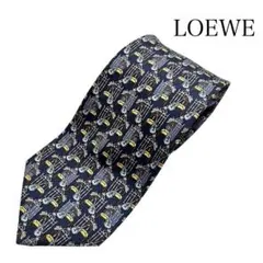 LOEWE ロエベ ネクタイ シルク100% 総柄 ネイビー スペイン製のサムネイル