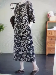 新品更にOFF❤花柄 鳥柄 ロングワンピース 五分袖 ゆったり ポケット付き
