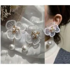 1083-ｄ＊２way ホワイト 刺繍フラワー スティック パール