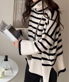 タートルネック　ボーダーニットトップス　coca classical elf