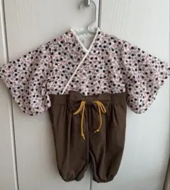 ベビー着物　袴ロンパース　初節句　ドット×ブラウン　ヘアバンド付き