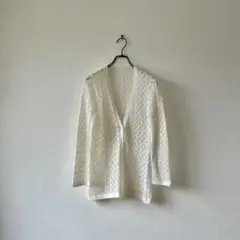 古着 七分袖クロシェカーディガン かぎ針編み レース レトロ 透かし編み 白