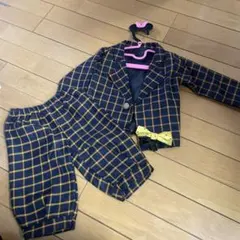 フォーマルスーツ ネイビーと黄色のチェック柄 蝶ネクタイ付き 100cm