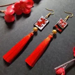【和風】花札＆タッセルピアス（イヤリング）（桜に幕）【さくら】【着物】