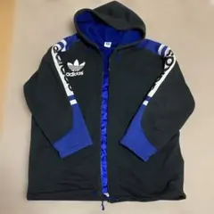 80-90s デサント製adidas フルジップパーカー 黒 青ジャケットM-L