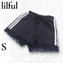 lilful ショートワイドパンツ レース サイドライン ブラック Sのサムネイル