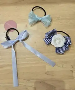 夏色リボン　ヘアアクセサリー 3点セット ブルー　ギンガムカメリア　ラベンダー