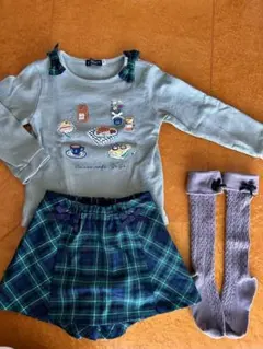 【BeBe】カフェモチーフカットソー　チェックキュロットセット