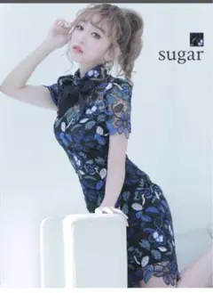 キャバドレス アンディ 花柄ドレス ブラック 青 総レース ハイネック リボン