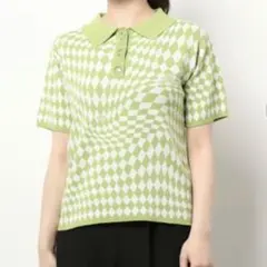 【ジュエティ】(M）ホワイト×ライムグリーン・ ニット ポロ Ｍサイズのサムネイル