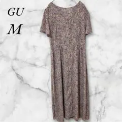 ジーユー　GU　ロングワンピース　半袖　花柄　M　くすみパープル