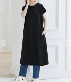 Honeys こだわり綿Tシャツワンピ ブラック
