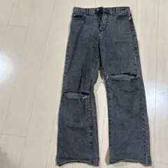 ブラック ダメージ加工 ワイドレッグデニム