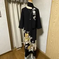 《LL 123cm》黒留袖リメイク ヨーク切り替え 七分袖 ワンピース