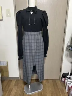 [美品]EATME グレンチェック柄 ボウタイ付き 長袖ワンピース