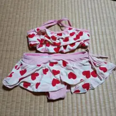 セパレート水着　90cm　フリルスカート肩紐キッズベビー子供ピンク白赤　ハート柄