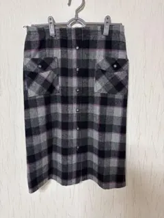 L チェック柄ミモレスカート 前ボタン ウール混 秋冬