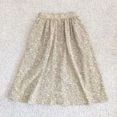 80s Vintage 花柄 フレアスカート ベージュ M 金ボタン レトロ古着
