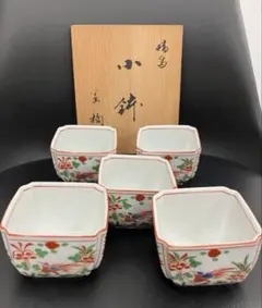 未使用！たち吉　瑞鳥 小鉢 5客セット 共箱付き 赤絵 角鉢 レトロ