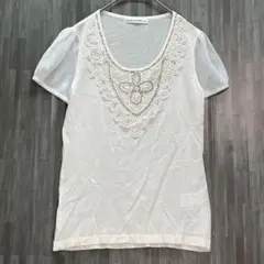 エムプルミエブラック　シフォンスリーブ レースニット　白　ビジュー　薄手