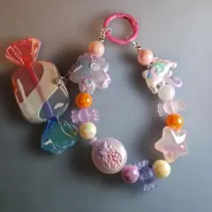 カラフルキャンディ型携帯ストラップ キーホルダー プレート付き ハンドメイド