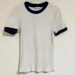 ZARA リブTシャツ ホワイト ネイビー