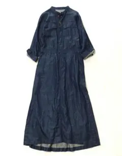 ルワークウエア　デニムロングワンピース　リネン混　バンドカラー　ネイビー　M