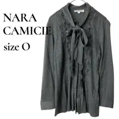 ❤️ナラカミーチェ❤️ボウタイフリル長袖ブラウス Sサイズ相当 グレー フェミニン