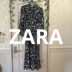 ZARA ネイビーアイボリー総柄マキシ丈シャツワンピース