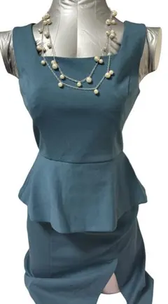 青緑色 ペプラム ノースリーブ チュニック