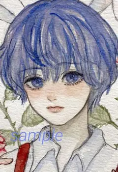 オリジナル手描きイラスト　創作　水彩画　アナログイラスト　うさぎ男子