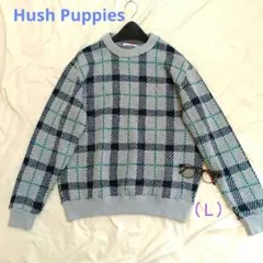 【未使用】Hush Puppies 刺繍ロゴ　総柄　長袖ニット　チェック柄（Ｌ）