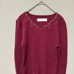 トッコクローゼット　リブニット(M)パールビジュー付きフラワー刺繍　Ｖネック
