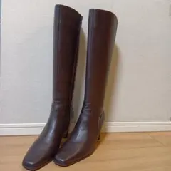 ダークブラウン レザー ロングブーツ ヒール7cm