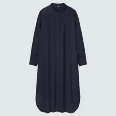 ほぼ新品 美品 ユニクロ コットンギャザー ロングシャツワンピース ネイビー